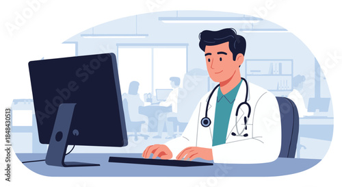 A doctor in a white coat with a stethoscope around his neck works on a computer in an office setting