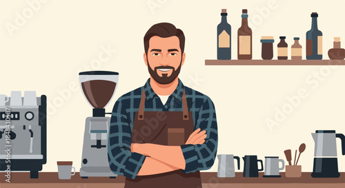 Confident male barista with a beard and apron standing proudly behind the counter of his modern coffee shop, ready to craft and serve delicious beverages in a welcoming atmosphere