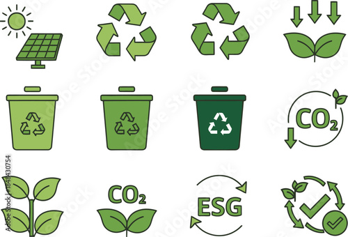 Environmental Icons Featuring Recycling Solar Power and C O2 Reduction green recycle