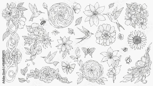 Elegant Floral and Fauna Line Art Collection.