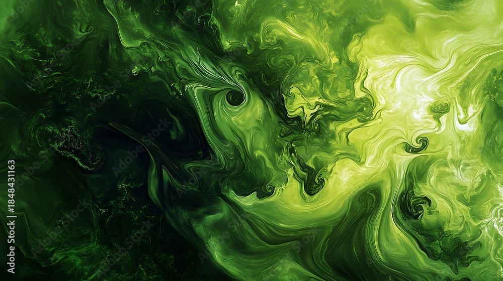Obraz premium Abstract swirling emerald and lime green fluid art background creates a dynamic and vibrant texture for digital design projects