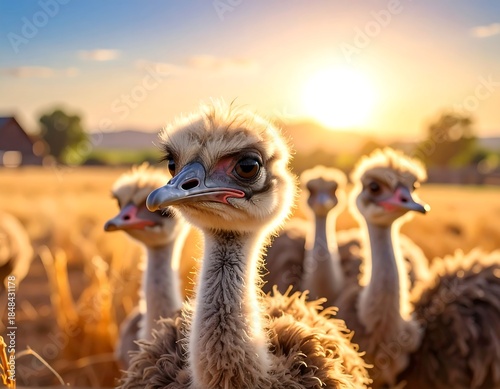 Close-up of curious young ostriches gazing at warm sunset