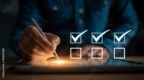 A close-up showcases a hand meticulously using a pen on a tablet, highlighting completed tasks marked with illuminated checkmarks