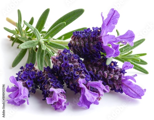 Close-up of delicate purple flowers and green leaves on white