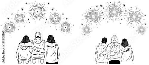 Three friends watching fireworks display, line art illustration of people enjoying celebration together generated with ai