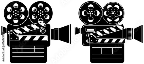 Two black and white icons of vintage film cameras with clapperboards, cinema and movie production symbols generated with ai
