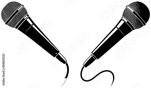 Two vintage style microphones with cables facing each other, black and white illustration generated with ai
