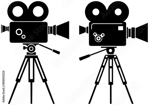 Two vintage movie film cameras on tripods silhouettes for cinema and video production concept generated with ai