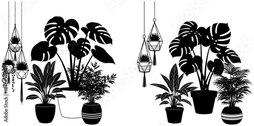 Collection of houseplants silhouettes monstera, hanging plants, and potted foliage for botanical decor and gardening designs generated with ai