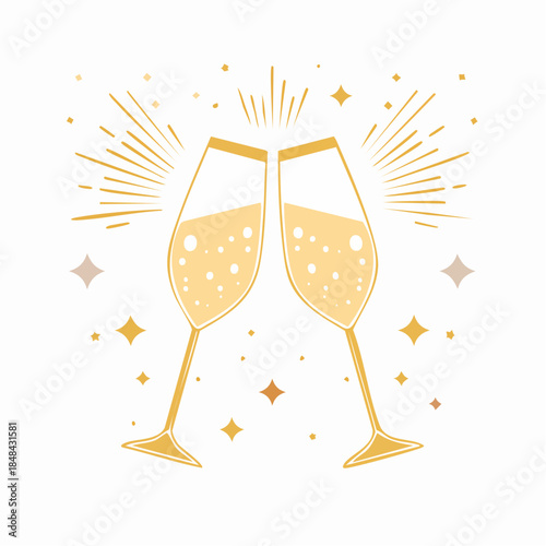 Celebratory champagne glasses with festive sparkles and confetti