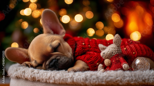 Peaceful french bulldog puppy naps in red Christmas sweater with glowing bokeh.