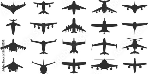 Collection of black aircraft silhouettes in various designs and angles on white background Keywords: aircraft, airplane, plane