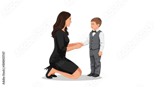 mother's day concept  Mother Kneeling with Son in Formal Suit to ready to go to party Mother Helping Son Get Ready for Event  Mother Preparing Son for Special Occasion