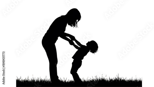 Silhouette of Mom Lifting Playful Toddler Grass Field Mother Child Playing Silhouette 