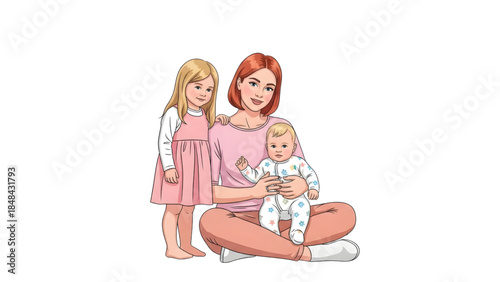 Mother sitting  with Newborn Son and Toddler Daughter Happy Mom Holding Baby and Young Daughter Family Portrait Mother and Two Children 
