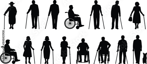 Collection Of Black Silhouettes Of Elderly People With Canes And Wheelchairs senior