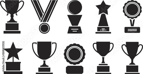 Collection of black trophy and medal icons on a white background award symbol