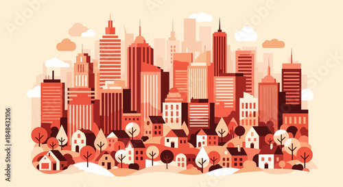A vibrant cityscape illustration featuring a dense collection of modern skyscrapers and charming suburban houses, all rendered in a warm, autumnal color palette with stylized trees and clouds