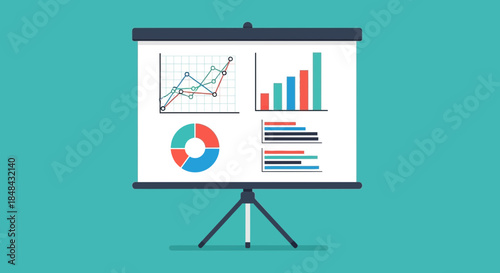 A presentation board displays various types of financial charts and graphs, including line graphs, bar charts, and a pie chart, on a teal background, symbolizing business analytics and data reporting