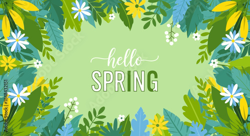 A vibrant border of lush green leaves and colorful flowers frames the cheerful greeting hello spring on a light green background, celebrating the arrival of the new season