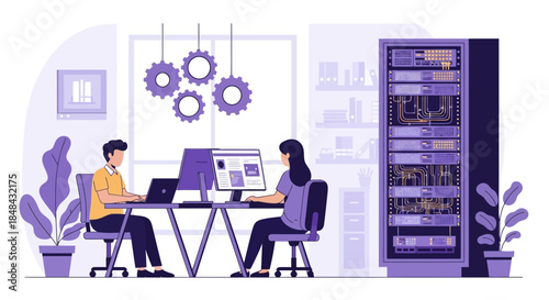 Two people working in a modern office setting with a large server rack and computers, symbolizing technology and data management
