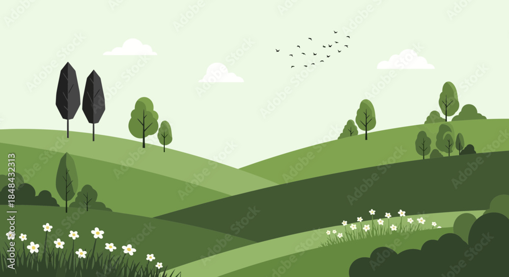 Obraz premium A serene landscape unfolds with rolling green hills dotted with trees and wildflowers under a pale sky with scattered clouds and a flock of birds soaring above