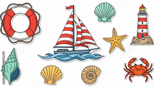 Nautical Theme Elements Collection with Sailboat Lighthouse Seashells and Crab.