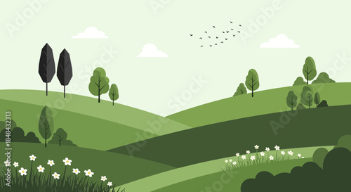 A serene landscape unfolds with rolling green hills dotted with trees and wildflowers under a pale sky with scattered clouds and a flock of birds soaring above