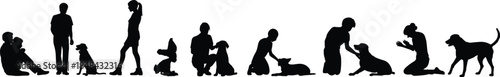 Silhouettes of people interacting with dogs in various poses showing affection, training, play, and companionship