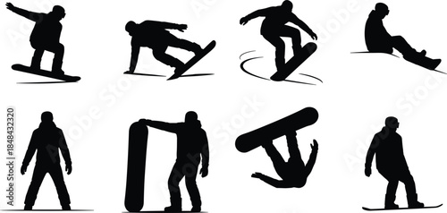 Collection of Snowboarder Silhouettes in Action and Poses Keywords: snowboard, snowboarding, silhouette, snowboarder, person