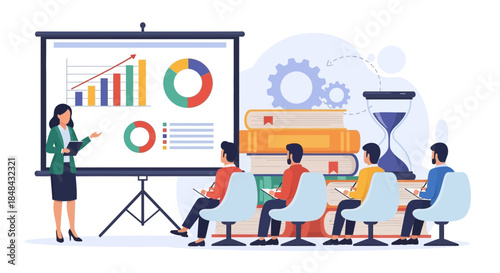 A confident businesswoman leads a training session, presenting financial data and charts on a projector screen to an attentive audience seated in chairs