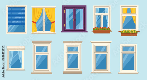 A diverse collection of windows, showcasing various styles from modern to classic, with different types of frames, glass, and decorative elements like curtains, blinds, and flower boxes