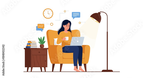 A woman sits comfortably in an armchair, working on her laptop and holding a mug, with a floor lamp providing warm light and a side table holding books and a plant