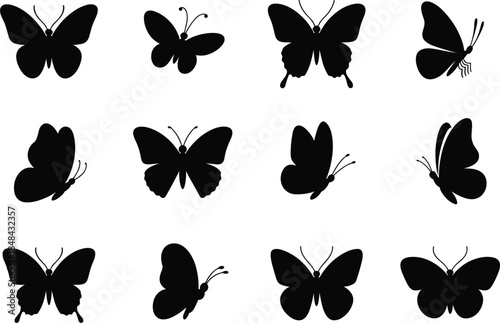 Collection of twelve black silhouette butterfly icons in various poses and wing positions insect flying