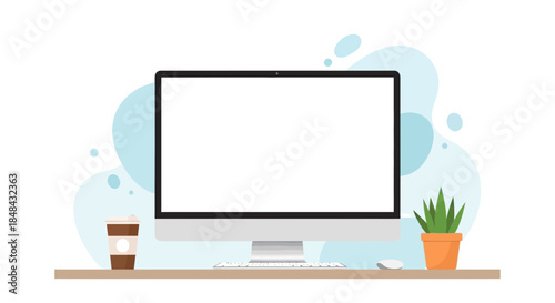 A modern desktop computer setup with a blank screen, a coffee cup, and a potted plant on a desk, against a soft blue abstract background