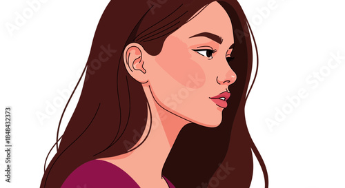 A stylish illustration of a woman in profile, showcasing her long brown hair and delicate facial features