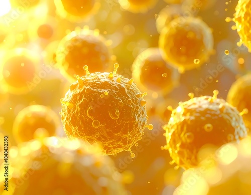 Close-up of microscopic spherical cells, glowing brightly with a golden hue