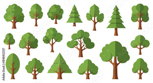A vibrant collection of diverse trees, featuring various shapes and sizes, rendered in a flat, modern illustration style against a clean white background