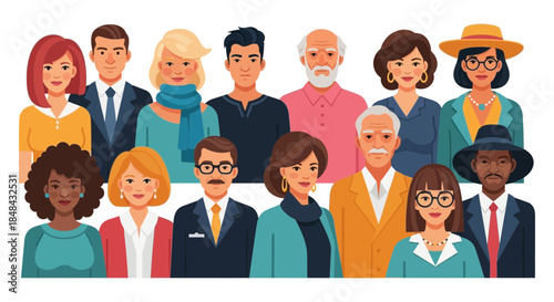 A diverse group of people of various ages, genders, and ethnicities stand together in a colorful illustration, representing unity and community