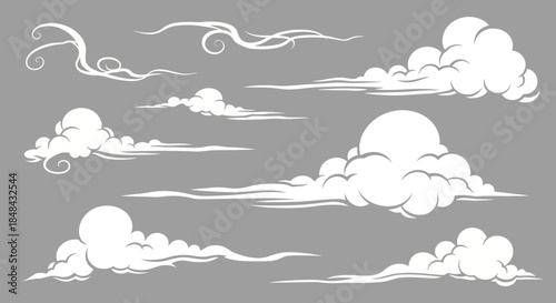 A collection of stylized white clouds and swirling wisps against a neutral gray background, evoking a sense of movement and atmosphere