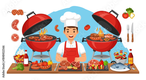 A cheerful chef proudly presents a delicious spread of grilled meats, sausages, fish, and vegetables, all prepared on two vibrant red barbecue grills