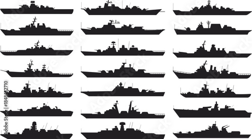 Collection of Warship Silhouettes on White Background Keywords: warship, navy, military, fleet, ship, vessel, battleship