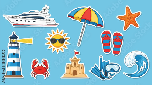 Summer Beach Vacation Icons Set With Yacht Lighthouse Crab Sun.