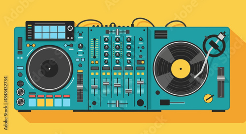 A modern teal dj turntable and mixer setup with a screen and various controls, casting a long shadow on a vibrant yellow background