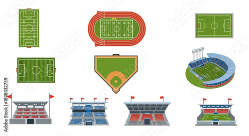 A collection of various sports fields and stadiums, including soccer fields, a baseball diamond, a running track, and grandstands, presented from a topdown and isometric perspective