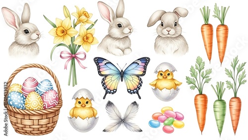 A cheerful collection featuring fluffy white bunnies, colorful patterned eggs in a basket, baby chicks hatching, daffodils, carrots, and a vibrant butterfly in soft spring tones.