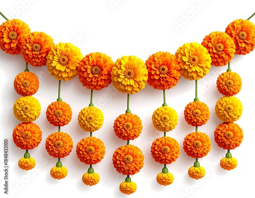 Close-up of vibrant orange and yellow floral garlands, white background