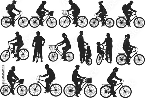Diverse Group of People Silhouettes Riding Bicycles in Various Poses Keywords: bicycle, cyclist, silhouette, person, riding