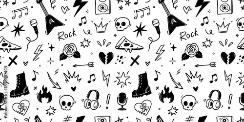 Rock music seamless pattern with guitar, skull, punk symbols. Hand drawn doodle grunge stickers with stars, roses and lightning bolts for rock music background, tattoo design. Vector illustration