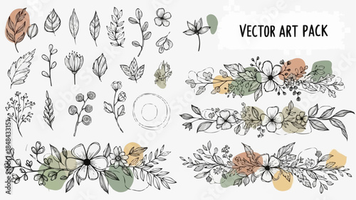 Hand Drawn Botanical Elements and Floral Wreaths Vector Art Pack.